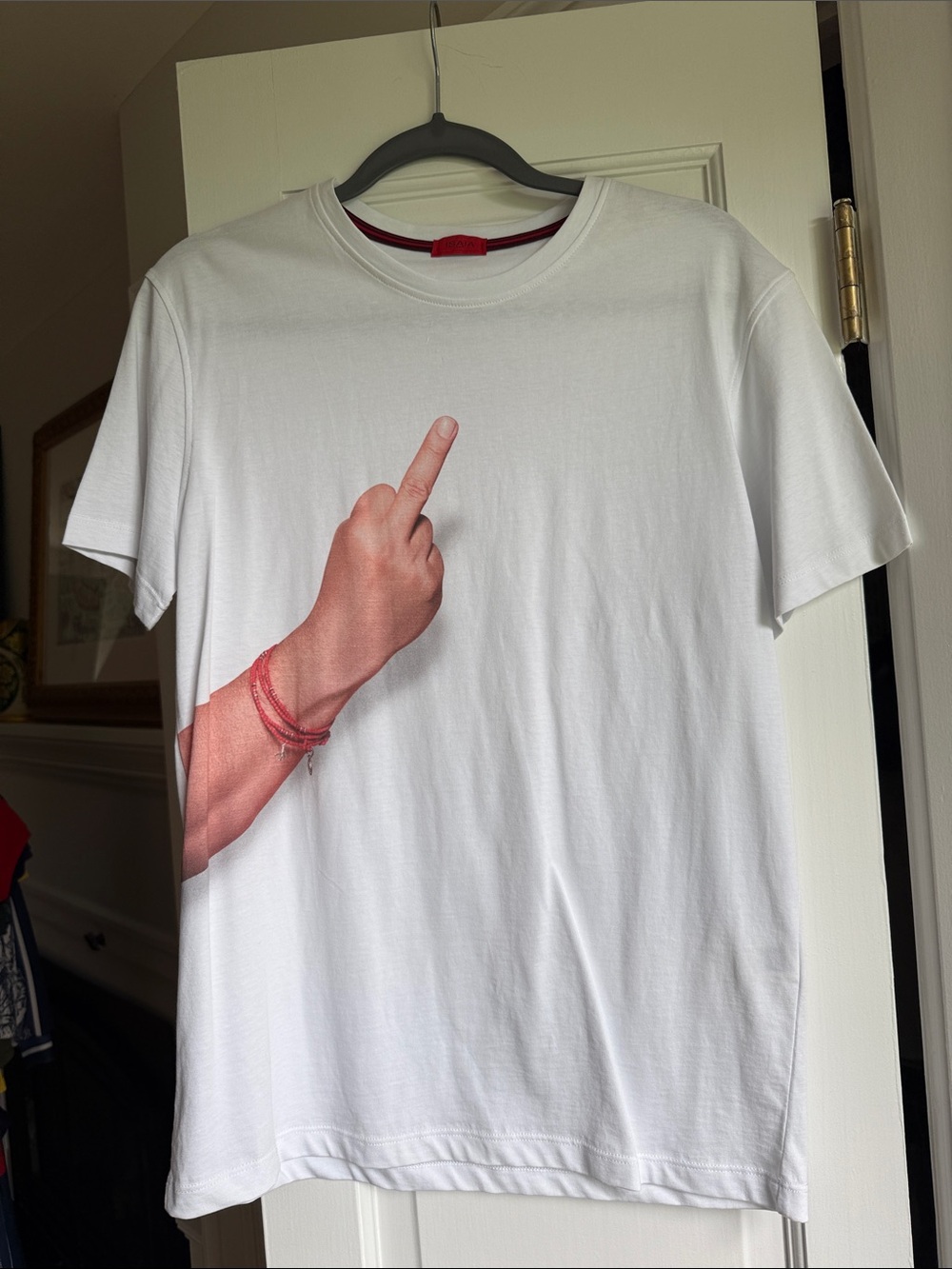 Isaia White Mens Hand Gesture Graphic Crew Neck T-Shirt